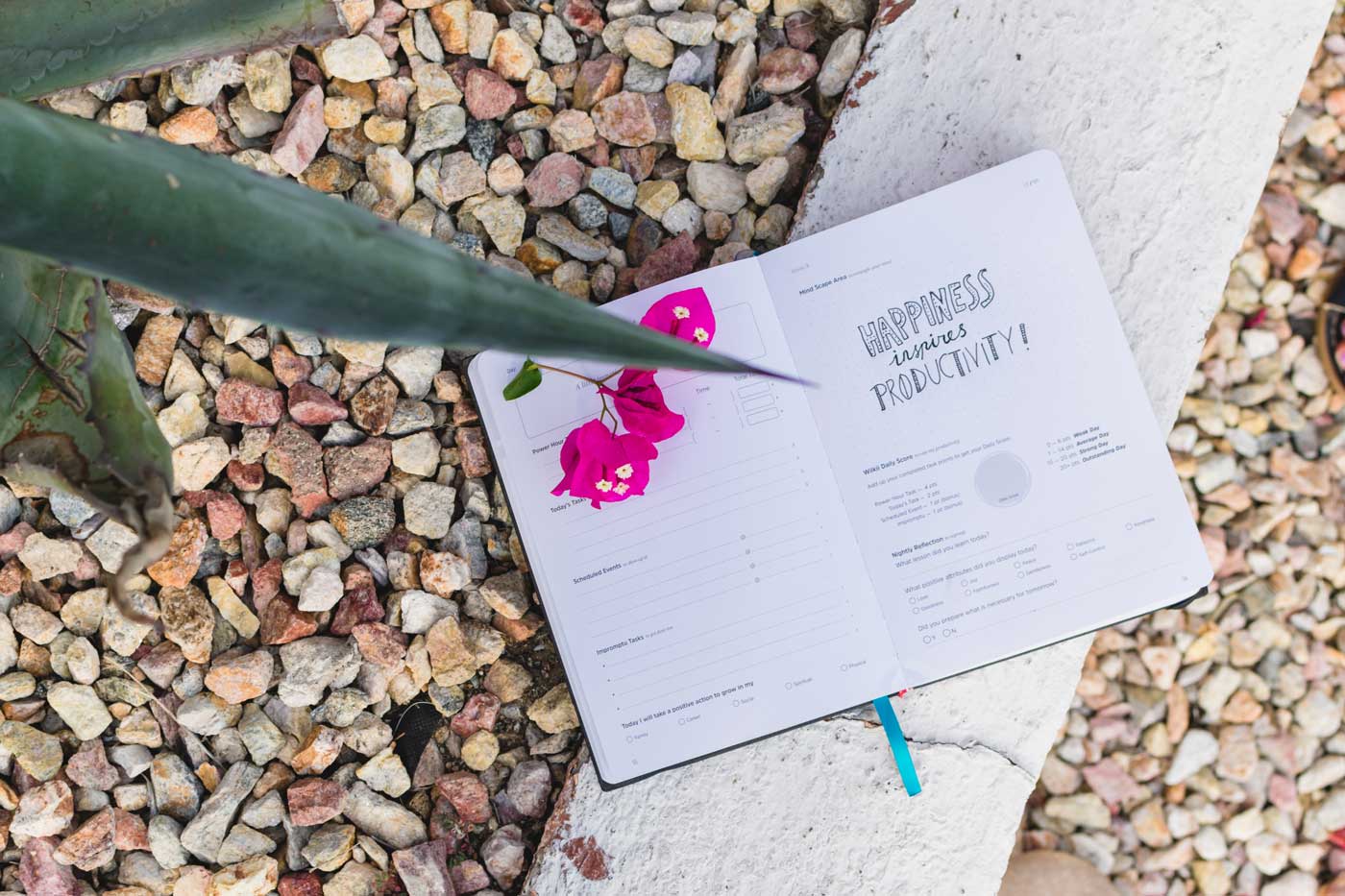 An open planner on pebbles.